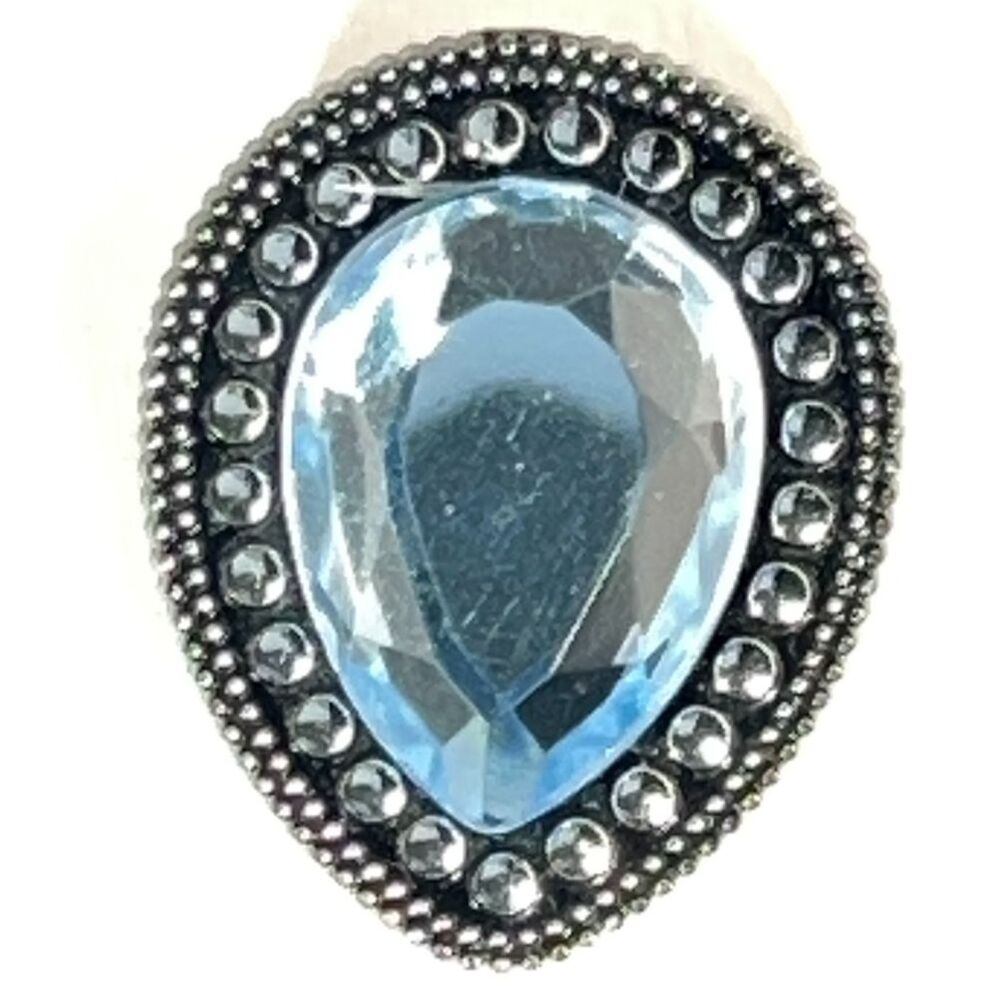 Vintage Blue Rhinestone Button Cover Teardrop Two Tone Silver Retro Gold Clip - Picture 4 of 5